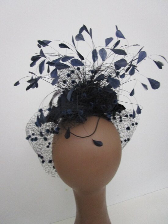 Flocked Veiled Cocktail Hat Silk Flower Feather Navy Wedding main image 7